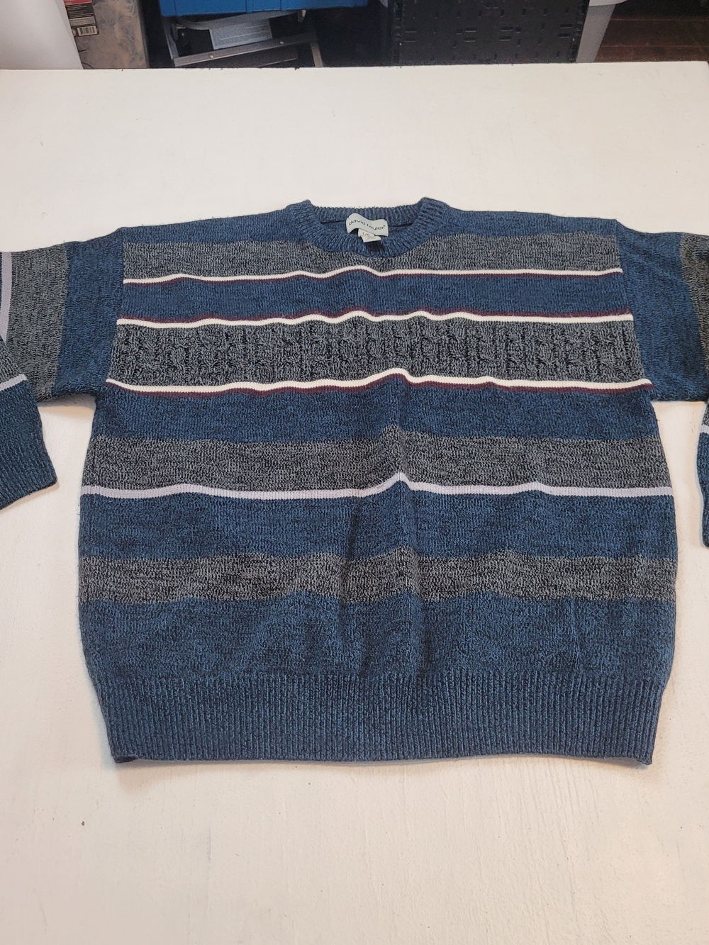 David Taylor Blue and Gray Striped Crewneck Sweater